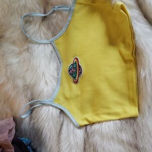 Yellow crop top with rainbow planet size small
